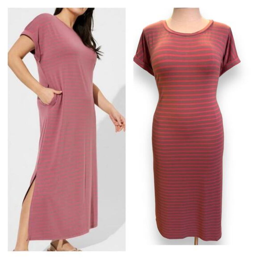 New Torrid 1 (1X 14/16) Pink Striped Jersey Long Length Casual T Shirt Dress